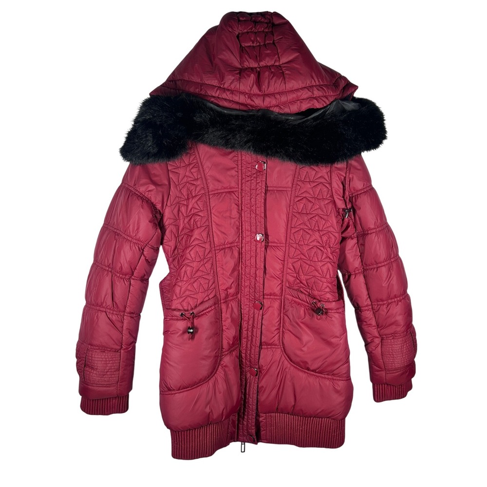 GS By Go‎ Start Burgundy Quilted Puffer Coat Hooded Faux Fur Trim Size Medium